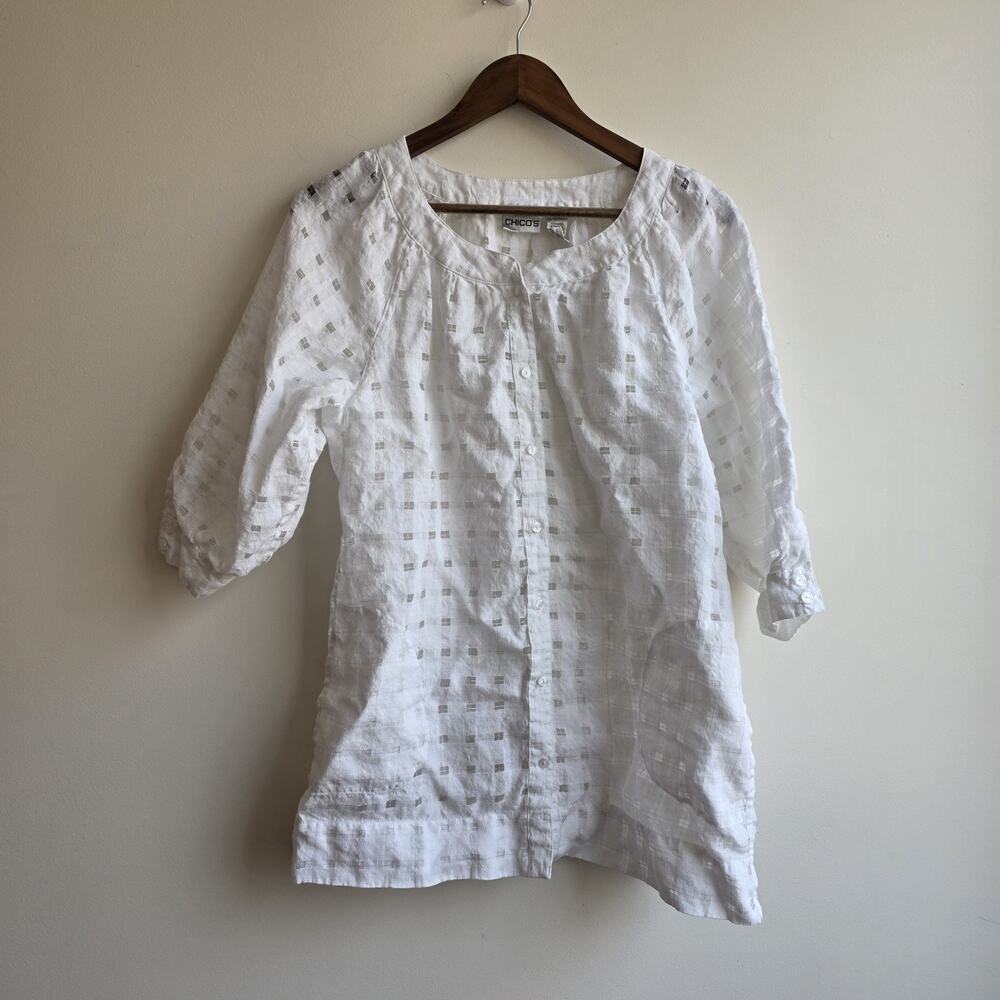 Chico's Linen Blend Tunic Shirt White Size 2 Large Beach Natural Fiber Quiet Lux